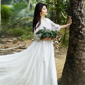 气质裙子襦裙收腰仙女长裙 白色连衣裙女士长款 7折 棉麻记春装