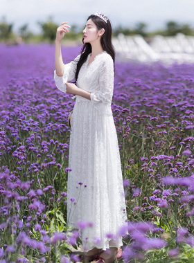 【现货】雪纺白色连衣裙女高级感夏2026新款蕾丝长裙收腰显瘦裙子