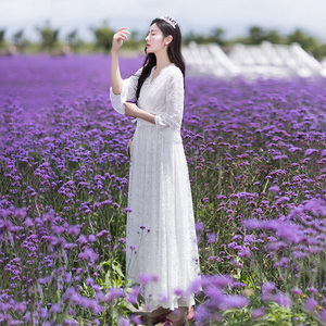 【现货】雪纺白色连衣裙女高级感夏2026新款蕾丝长裙收腰显瘦裙子