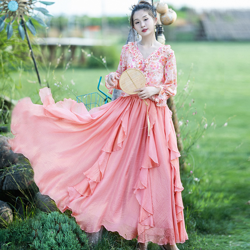 印花开衫粉色烫金半身裙女夏两件