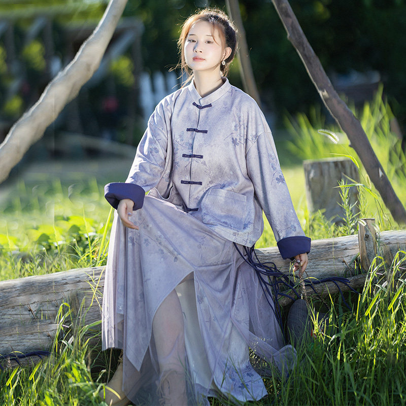 现货【紫茵花】新中式国风针织印花上衣侧开叉网纱半裙女秋季套装,女装/女士精品,汉服套装,淘宝优惠券,粉丝福利购,淘宝优惠卷