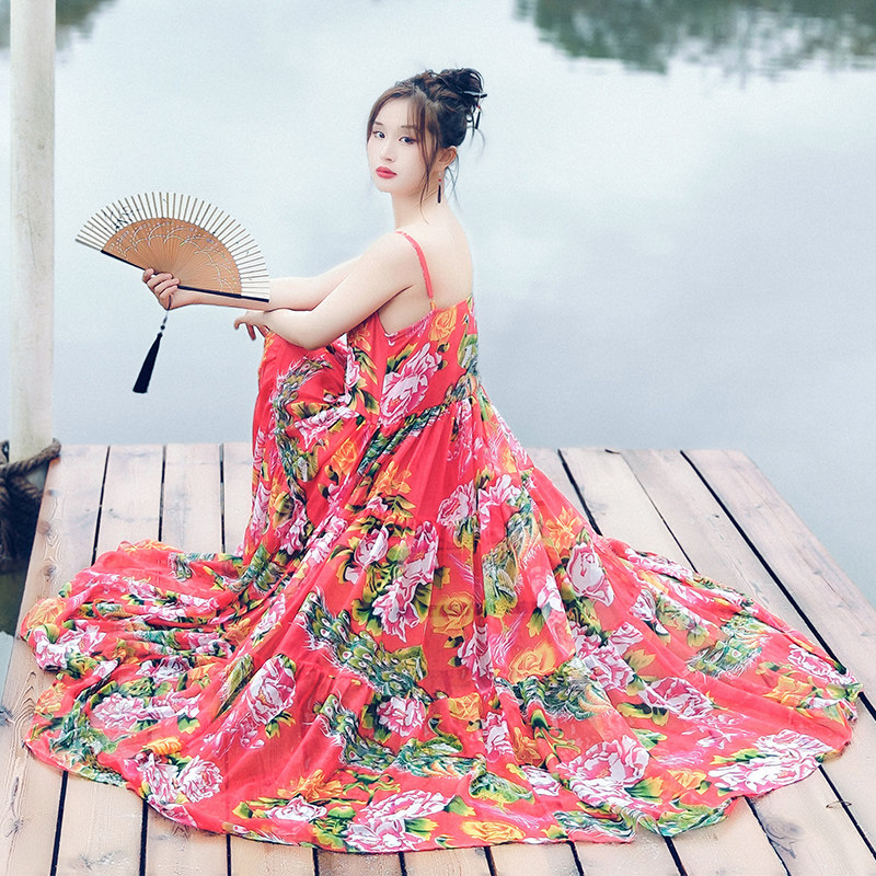 复古雪纺大裙摆吊带裙女夏季长裙