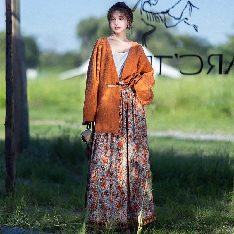 灯芯绒印花半身裙女秋季复古裙子