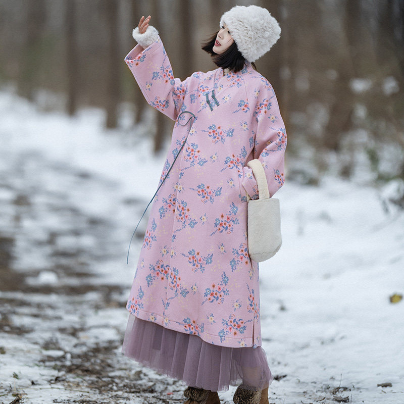 中长款新中式国风盘扣毛呢外套