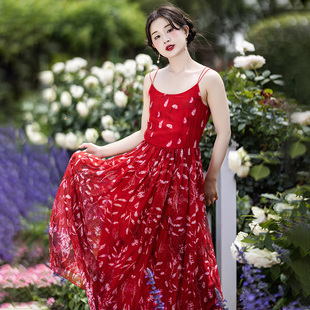 吊带裙新款 红色连衣裙女2025夏季 区 气质雪纺长裙性感裙 99元