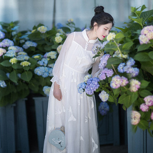 刺绣长裙设计感荷叶袖 高腰连衣裙女夏季 区 气质白色裙子 199元