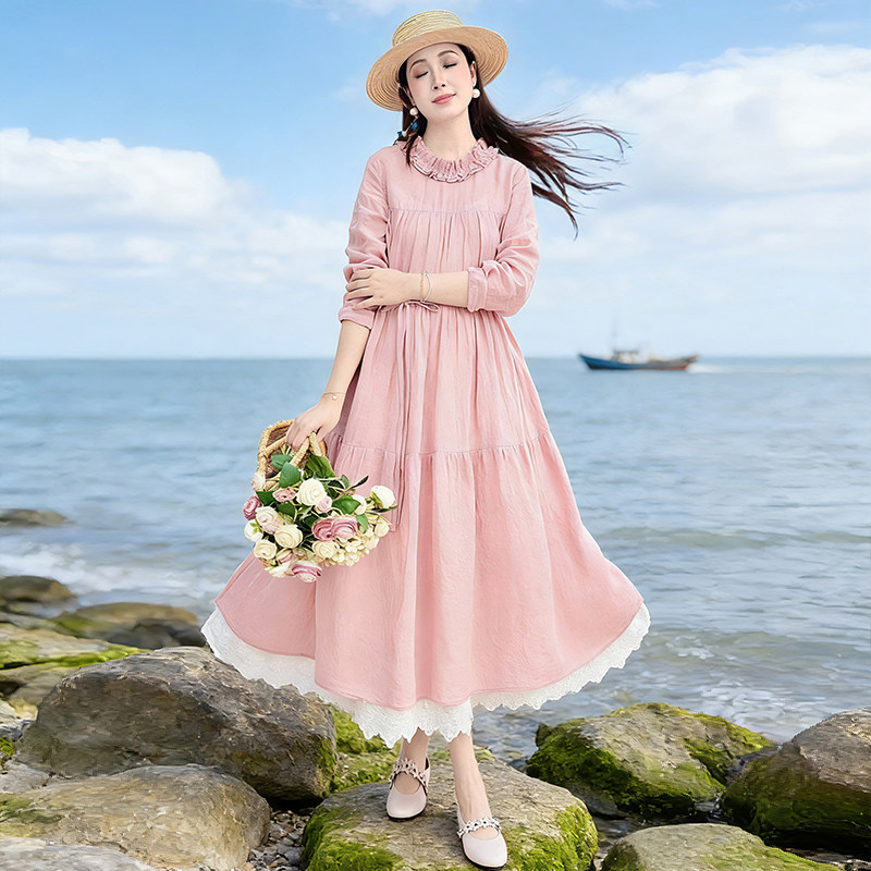忆旧亚麻连衣裙女春季花边领裙子