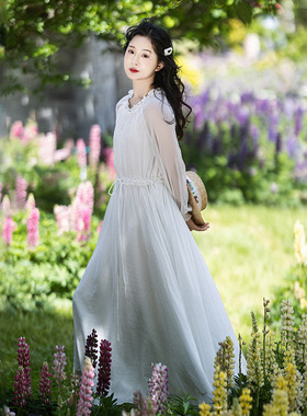 【玉凤谣】雪纺连衣裙女2025年夏季木耳边圆领长袖设计感白色裙子