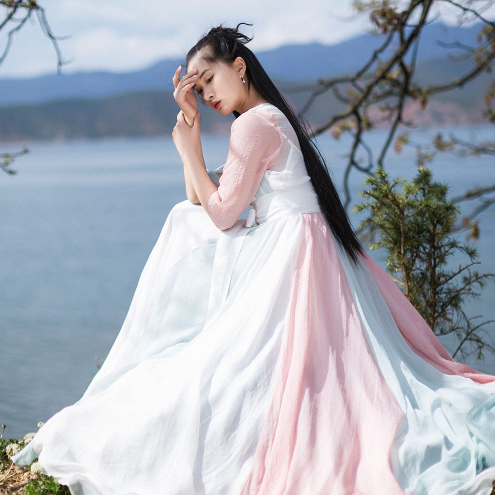 复古文艺汉服宽松拼色雪纺连衣裙