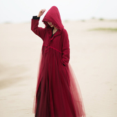 风 印记 红色网纱长裙女2025年秋季 5折 连帽红色风衣式 连衣裙