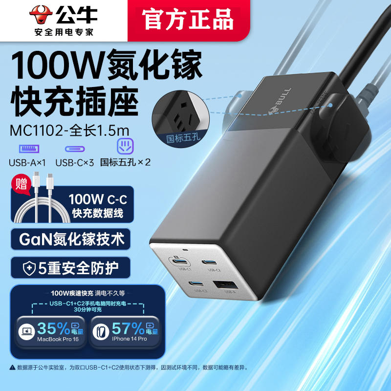 公牛pd100w快充氮化镓插座笔记本电脑充电器usb多口type-c插排插属于什么档次？