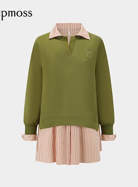 【deepmoss】2025新款女士橙绿色衬衫条纹拼接空气棉连衣裙