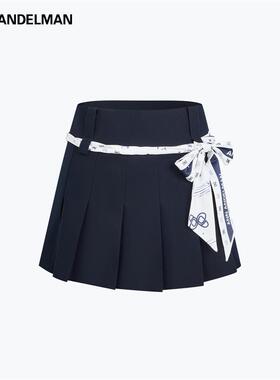 ANN ANDELMAN2026夏季新款丝巾绑带百褶裙女装藏蓝色蝴蝶结半身裙