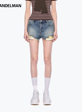 ANN ANDELMAN2025新款蓝色复古做旧破坏毛边牛仔短裤女夏