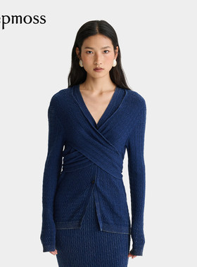 【deepmoss】2025秋冬新款女士设计感时尚丹宁感针织交叠上衣开衫