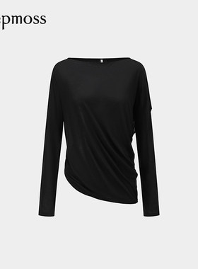 【deepmoss】2025秋冬新款女士时尚设计感纯色平领扭转荡褶上衣