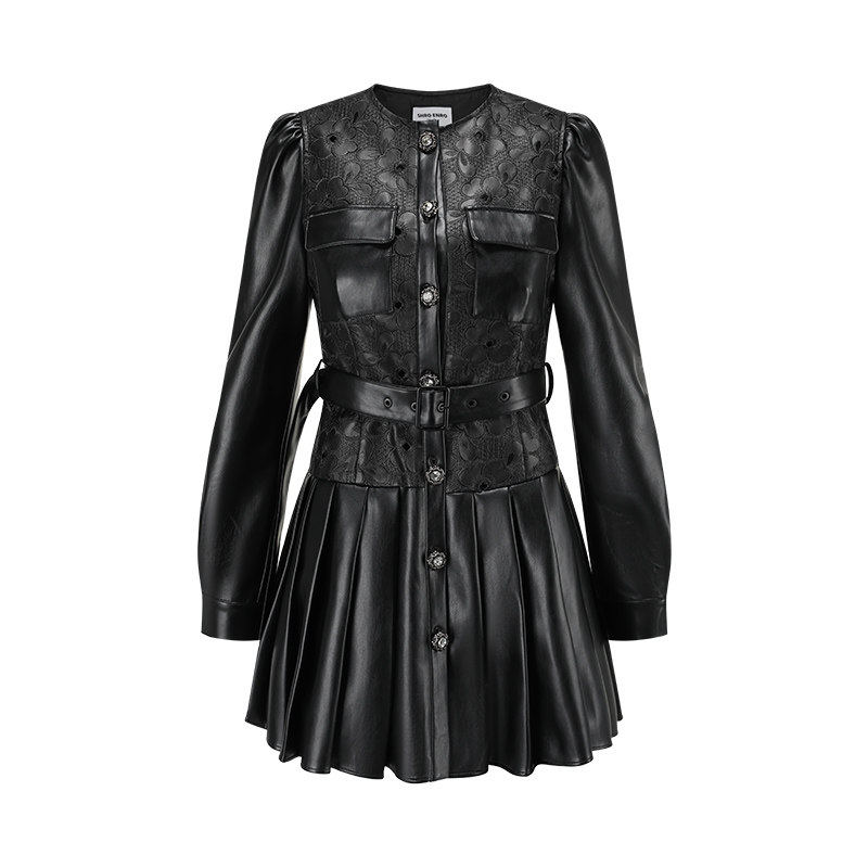 SHROENRO绣花皮革连衣裙短款