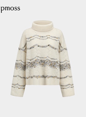 【deepmoss】2025秋冬新款女士白灰杂点绞花高领羊毛混纺套头衫