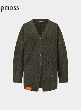 【deepmoss】2025秋冬新款女士设计感时尚苔绿牦牛绒绞花长开衫