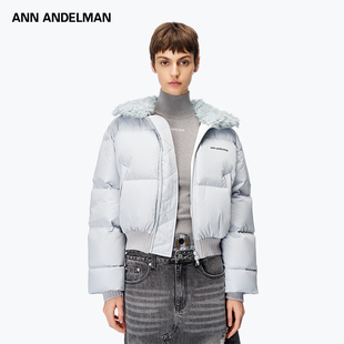 ANN ANDELMAN短款毛领银灰色羽绒服女外套加厚卷毛面包服