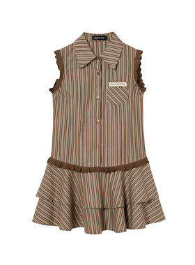 SOFITTE 25AW咖色条纹衬衫连衣裙女宽松显瘦蕾丝拼接设计感慵懒