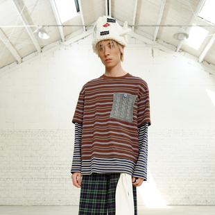 YANAG原创设计条纹的间奏曲假两件针织口袋T恤纯棉百搭潮流长袖