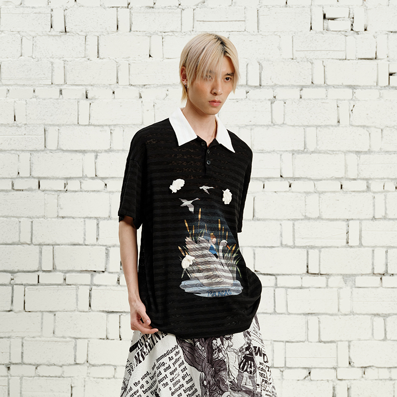 YANAG天鹅坐骑印花撞色POLO衫