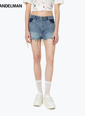 ANN ANDELMAN蓝色复古牛仔短裤修身直筒猫须磨破水洗热裤
