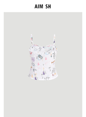 【新品】AIM SH 女士 白色趣味涂鸦短款无袖吊带背心上衣