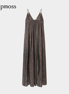 【deepmoss】2025秋冬新款女士U领水中倒影印花水泽吊带连衣裙