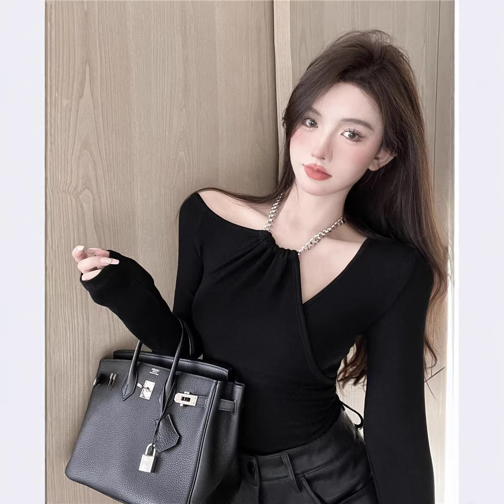 实拍2025冬季新款露肩链条挂脖气质百搭显瘦长袖上衣女纯色T恤女,女装/女士精品,T恤,淘宝优惠券,粉丝福利购,淘宝优惠卷