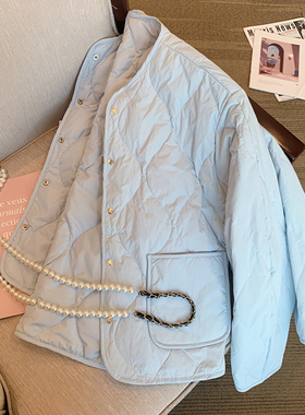 反季蓝色小香风轻薄夹棉棉服女2024秋冬新款宽松气质减龄外套