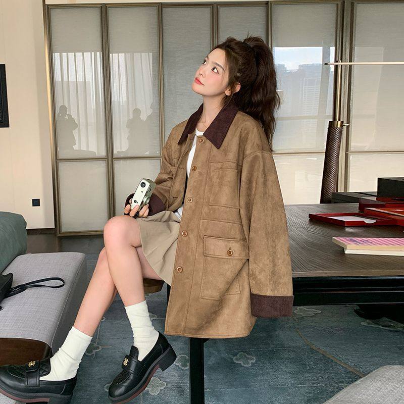 2025拉德春秋季休闲穿搭夹克咖色麂皮绒新款美外套女风衣宽松时尚,女装/女士精品,风衣,淘宝优惠券,粉丝福利购,淘宝优惠卷