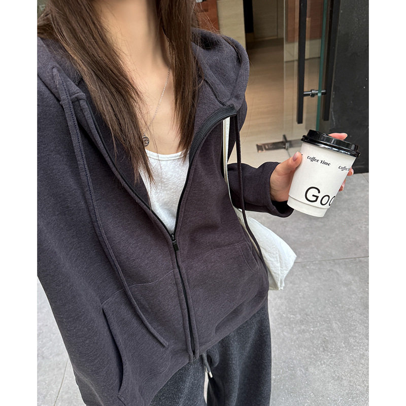 W韩系慵懒风连帽拉链开衫女秋冬宽松休闲长袖外套百搭显瘦上衣