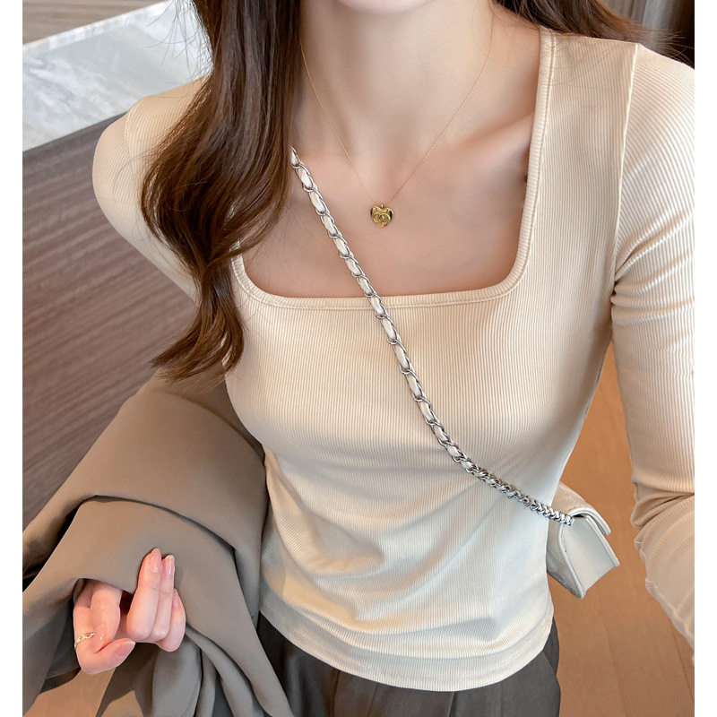 秋冬季莫代尔方领螺纹显瘦内搭打底衫女外穿正肩t恤纯色百搭上衣