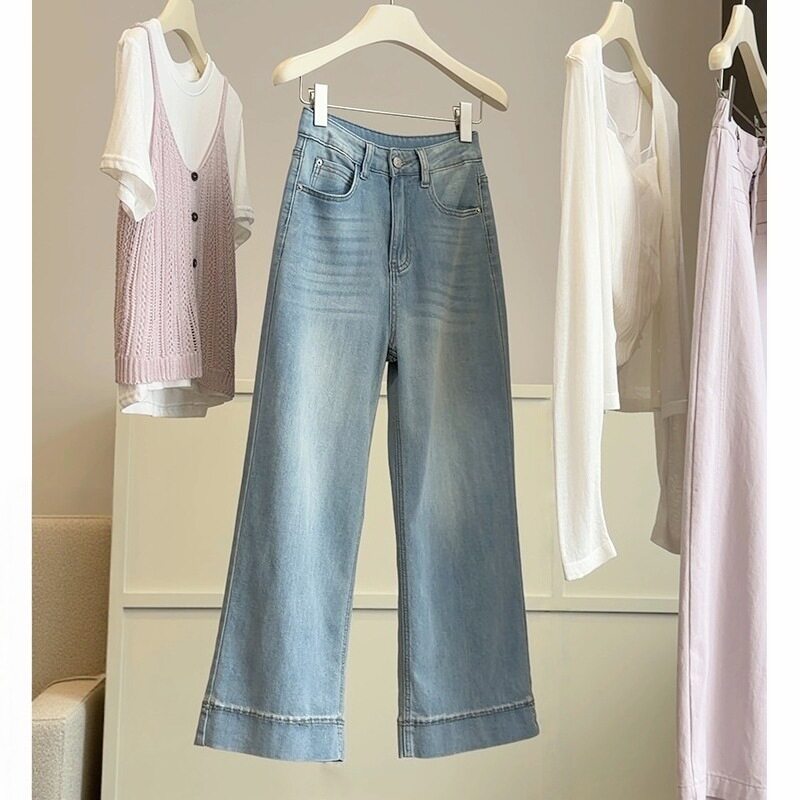 韩系窄版牛仔阔腿裤女夏季新款直筒裤高腰小个子宽松休闲九分裤子