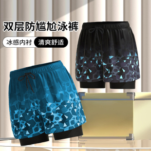 泳装 男士 泡温泉游泳池抽绳大码 速干防尴尬时尚 假两件平角三分泳裤