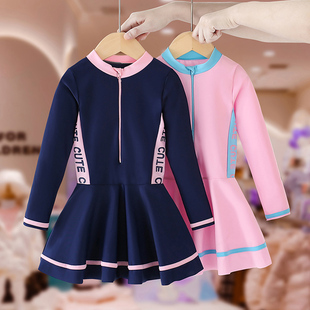 防晒运动拼色洋气温泉度假沙滩泳装 儿童泳衣时尚 休闲女童宝宝长袖