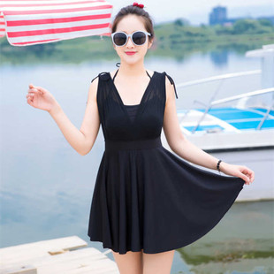 纯色遮肚显瘦保守温泉沙滩时尚 平角裤 游泳衣女 连体裙加大泳装 新款