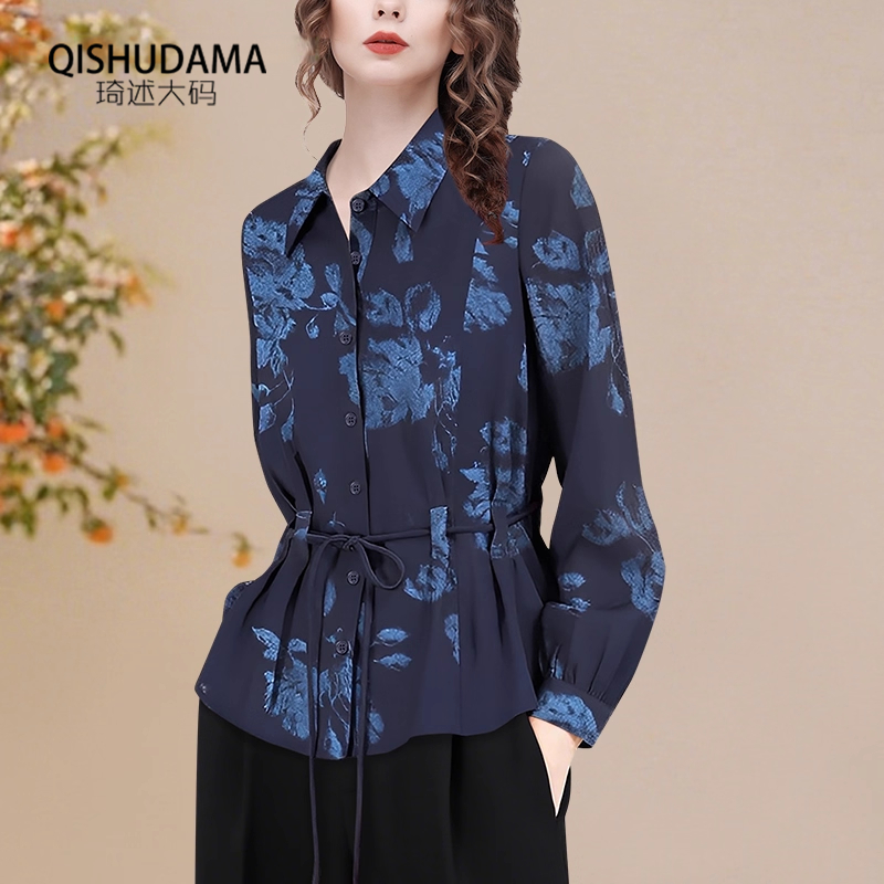 衬衫女长袖上衣气质印花时尚绑带