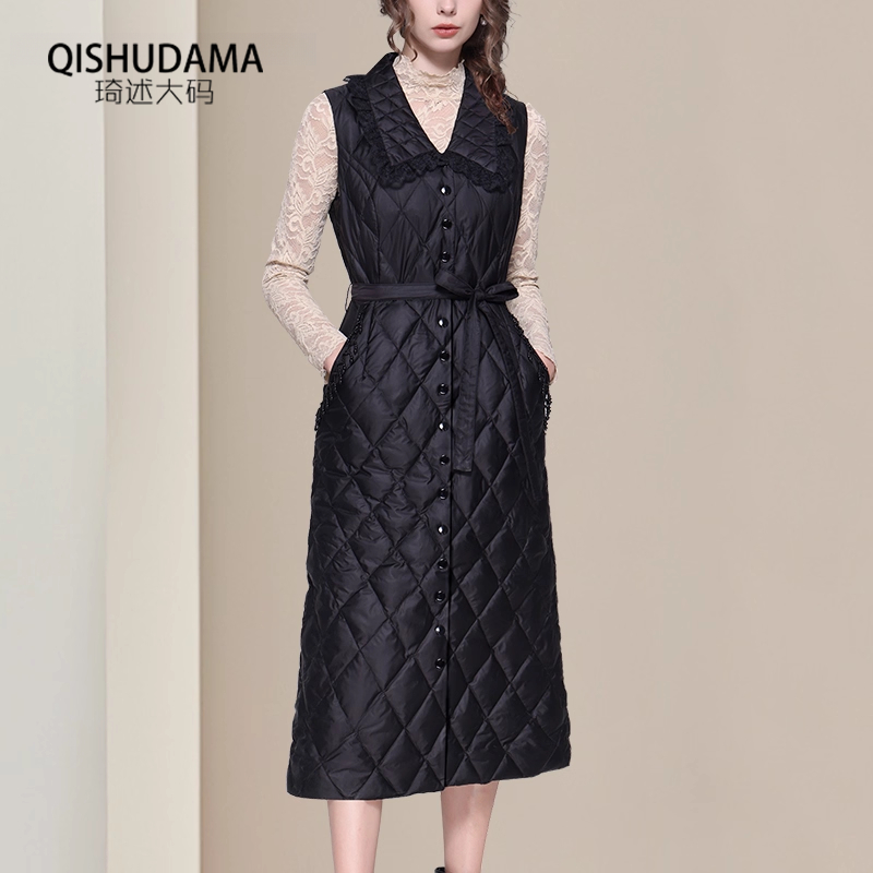 设计感绑带珠链羽毛背心连衣裙