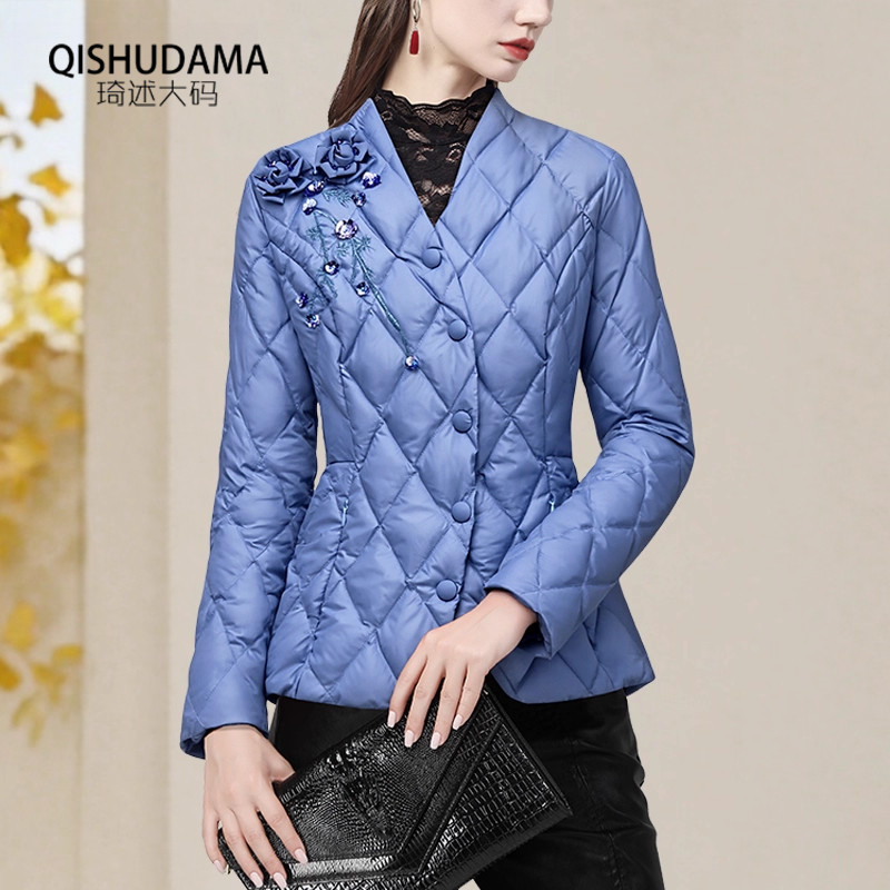 刺绣钉珠菱格90白鸭绒羽绒服女气质轻薄短款羽绒衣外套保暖2025冬,女装/女士精品,羽绒服,淘宝优惠券,粉丝福利购,淘宝优惠卷