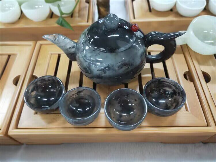 天然玉石岫玉水墨茶壶
