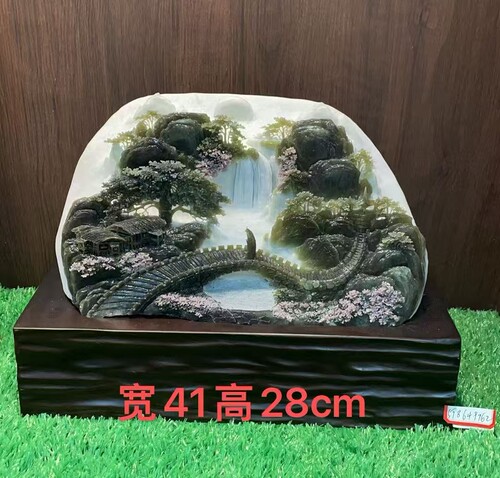岫玉山水摆件天然玉石手工雕刻镶嵌工艺