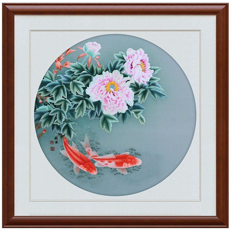 古艺苏绣精品牡丹鱼富贵有余礼品