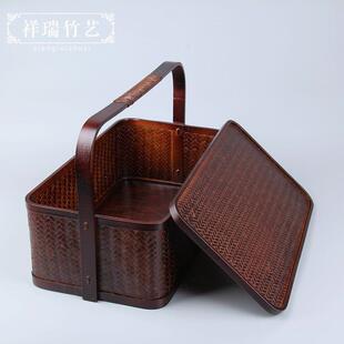 包邮 食盒提篮两层提盒送饭篮 竹编竹篮竹篮子月饼礼盒食物篮包装