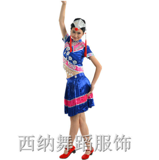 新款促销彝族火把节舞蹈演出 舞台表演少数民族服装 蓝色成女装