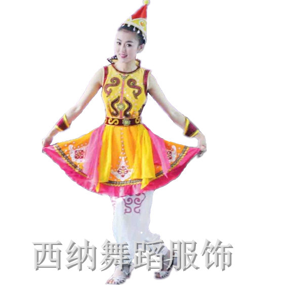 精品促销蒙古族黄色短裙舞蹈演出 舞台表演民族服装舞女装