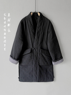 棉袄中式 棉麻棉衣无领休闲加厚棉袍青年男汉服款 棉汉服 中长款 冬季