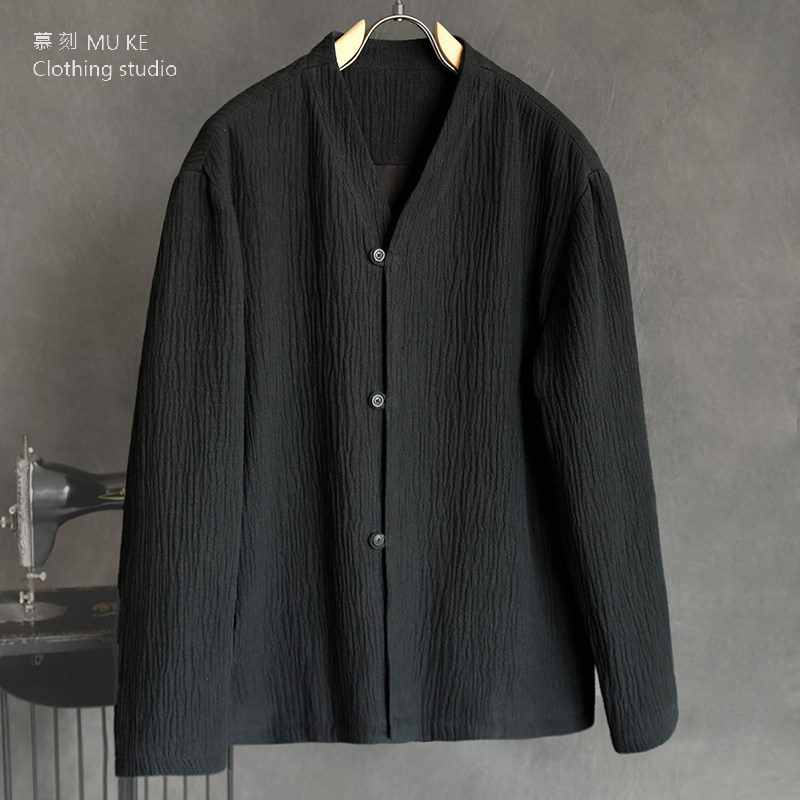 秋冬新款男士肌理棉麻休闲夹克外套青年潮流文艺复古中式男装上衣